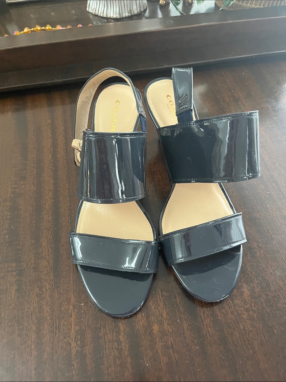 Coach Navy Patent Slide Sandals with Double Bands